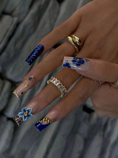 24-Piece Navy Floral Leopard Press-On Nails
