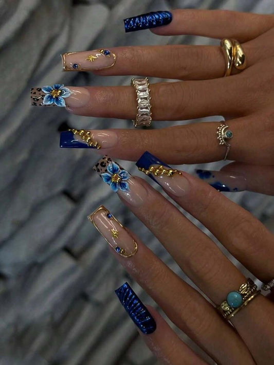 24-Piece Navy Floral Leopard Press-On Nails