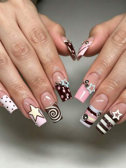 10-Piece Almond Press-On Nail Set with 3D Designs