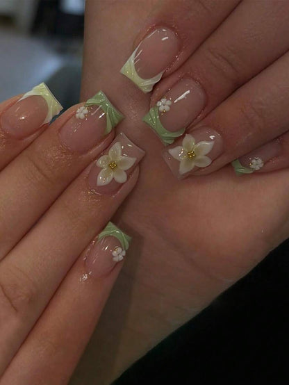 24-Piece Mint Green Floral Short Square Press-On Nails