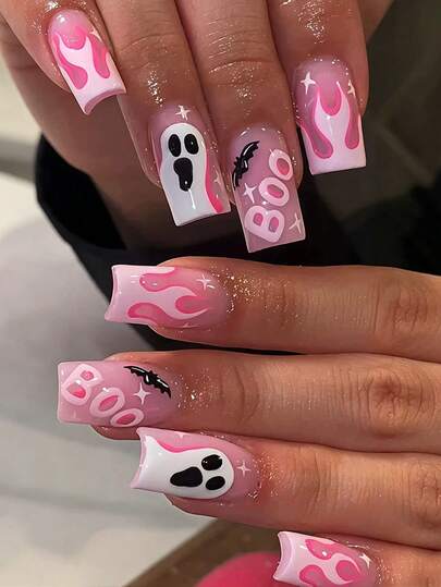 24-Piece Pink Flame Halloween Square Press-On Nails