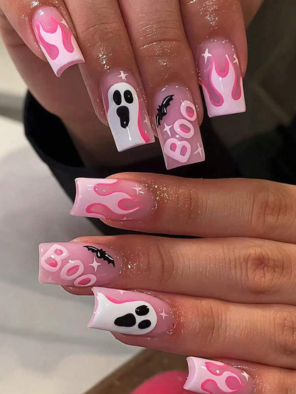 24-Piece Pink Flame Halloween Square Press-On Nails