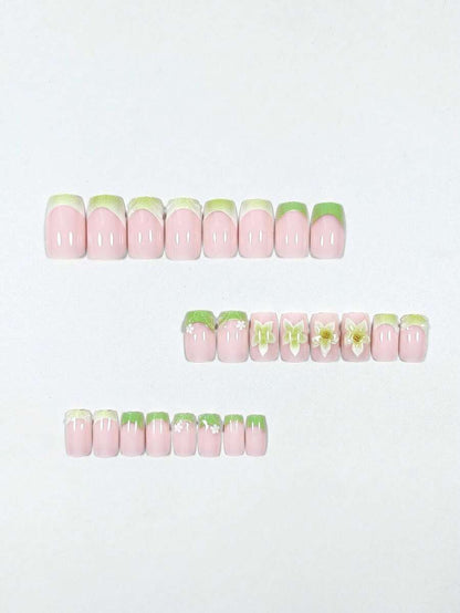 24-Piece Mint Green Floral Short Square Press-On Nails