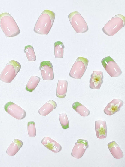 24-Piece Mint Green Floral Short Square Press-On Nails