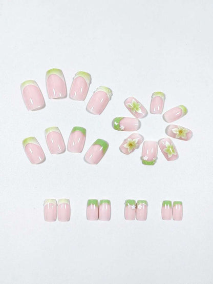 24-Piece Mint Green Floral Short Square Press-On Nails