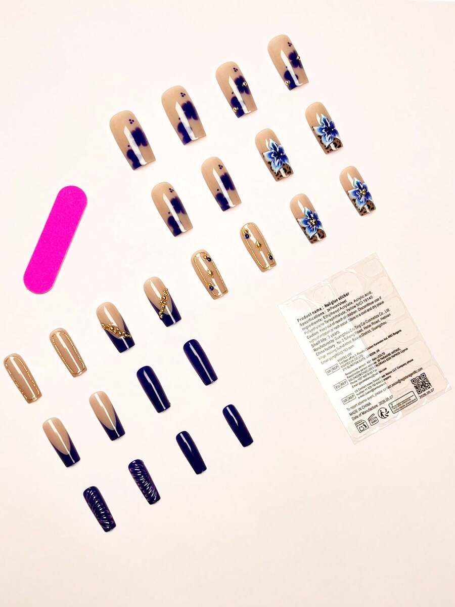 24-Piece Navy Floral Leopard Press-On Nails