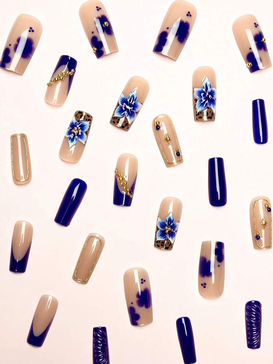 24-Piece Navy Floral Leopard Press-On Nails
