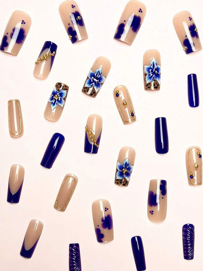24-Piece Navy Floral Leopard Press-On Nails
