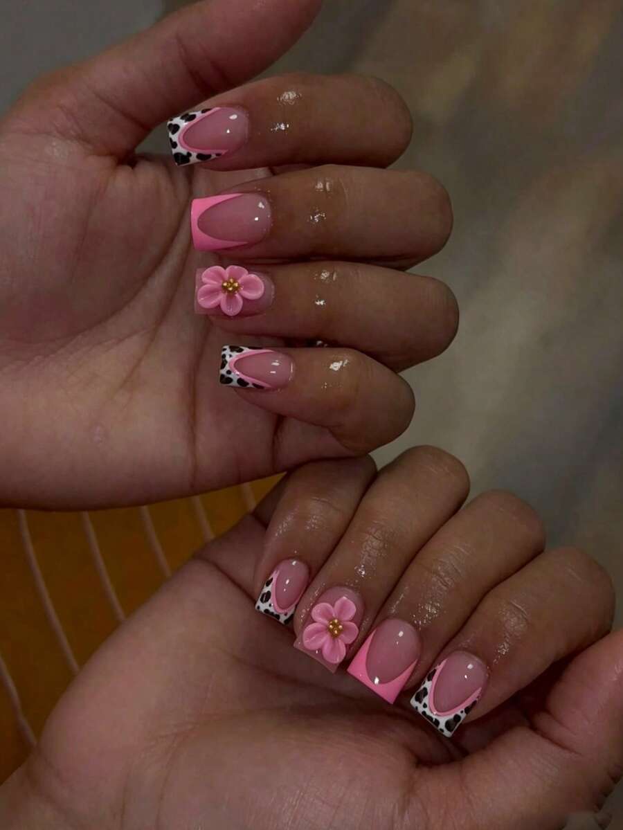 24-Piece Pink Leopard Short Square Press-On Nails
