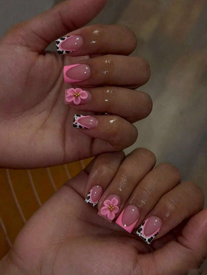 24-Piece Pink Leopard Short Square Press-On Nails
