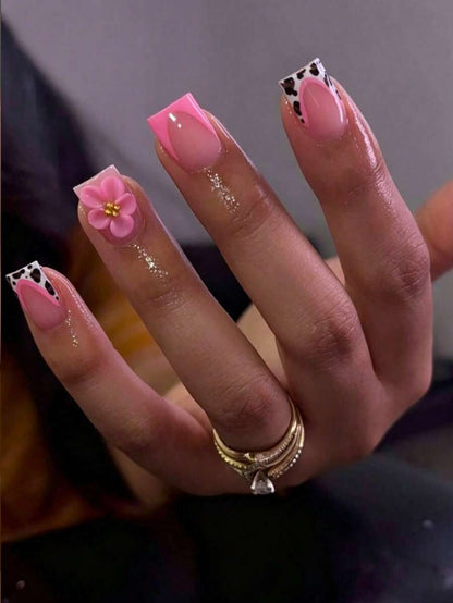 24-Piece Pink Leopard Short Square Press-On Nails