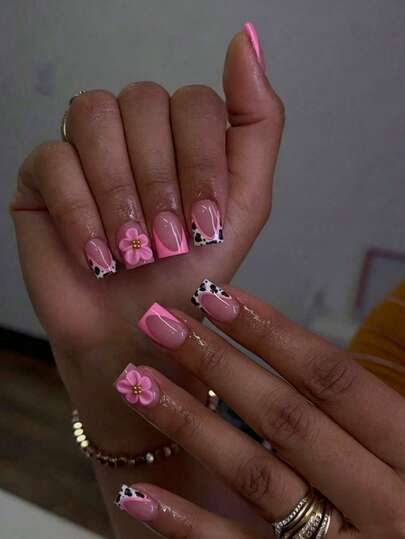 24-Piece Pink Leopard Short Square Press-On Nails