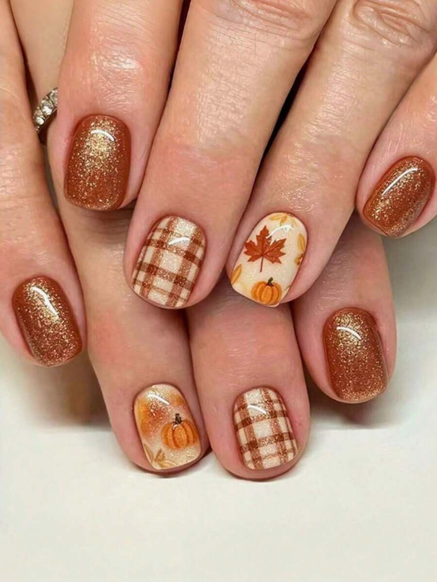 24-Piece Orange Pumpkin Plaid Short Square Press-On Nails