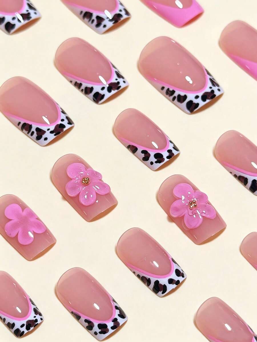 24-Piece Pink Leopard Short Square Press-On Nails