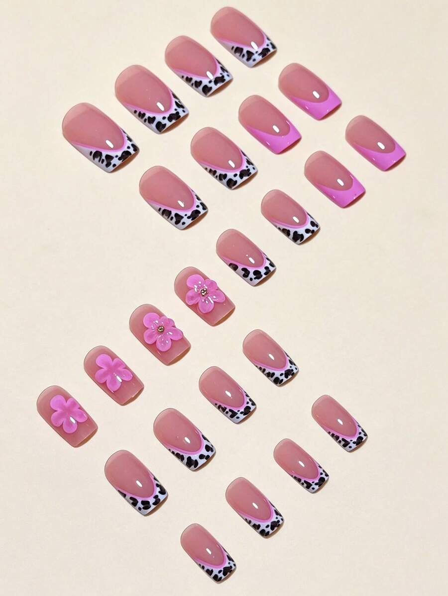 24-Piece Pink Leopard Short Square Press-On Nails