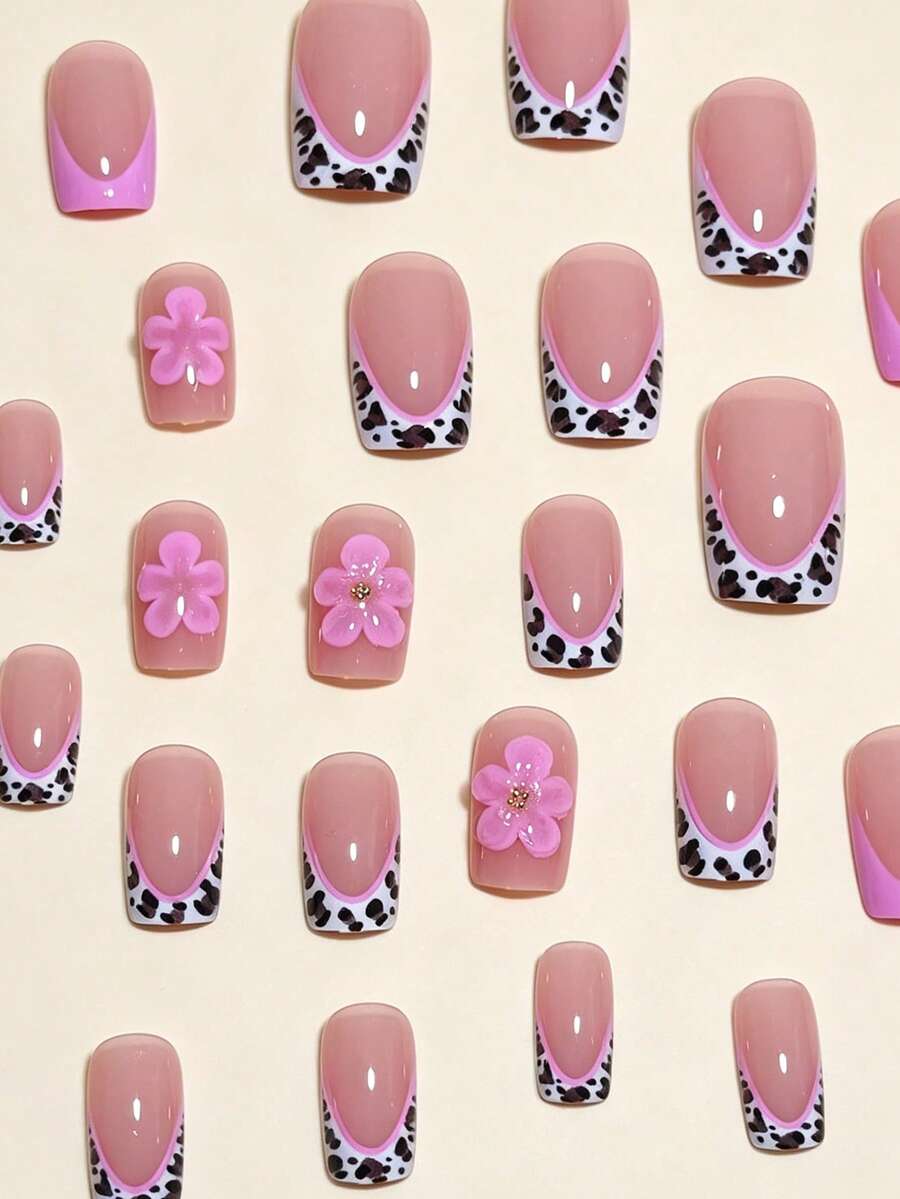 24-Piece Pink Leopard Short Square Press-On Nails