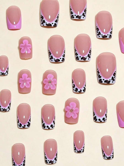24-Piece Pink Leopard Short Square Press-On Nails