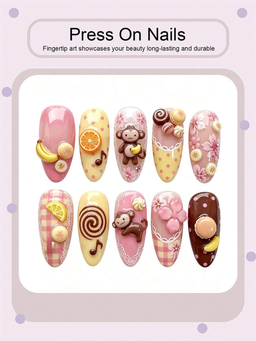 10-Piece Almond Press-On Nail Set with 3D Designs