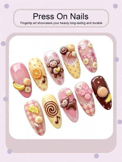 10-Piece Almond Press-On Nail Set with 3D Designs