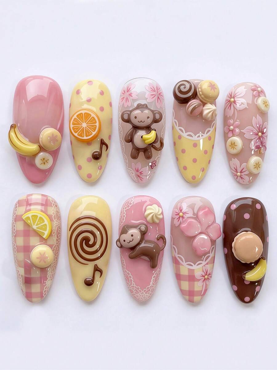10-Piece Almond Press-On Nail Set with 3D Designs