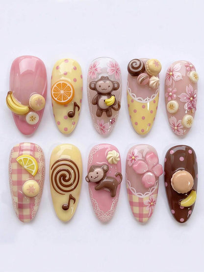 10-Piece Almond Press-On Nail Set with 3D Designs