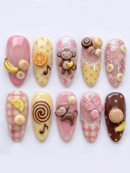 10-Piece Almond Press-On Nail Set with 3D Designs