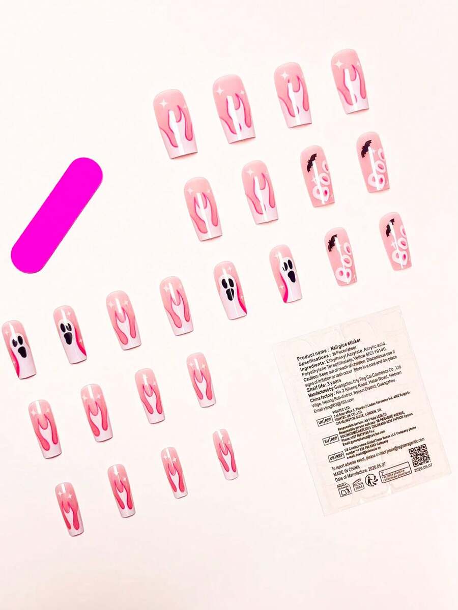 24-Piece Pink Flame Halloween Square Press-On Nails