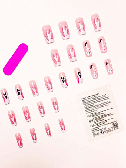 24-Piece Pink Flame Halloween Square Press-On Nails