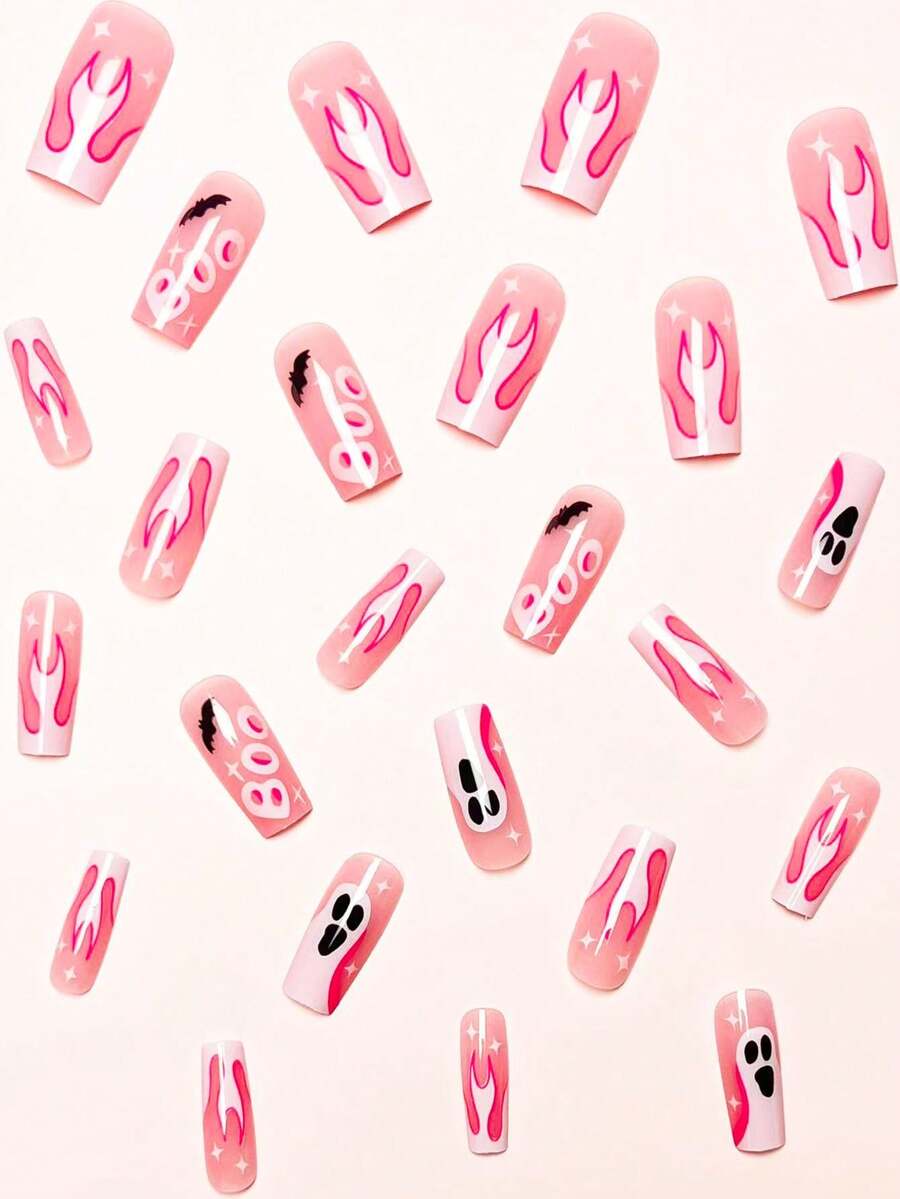 24-Piece Pink Flame Halloween Square Press-On Nails