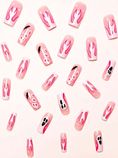 24-Piece Pink Flame Halloween Square Press-On Nails