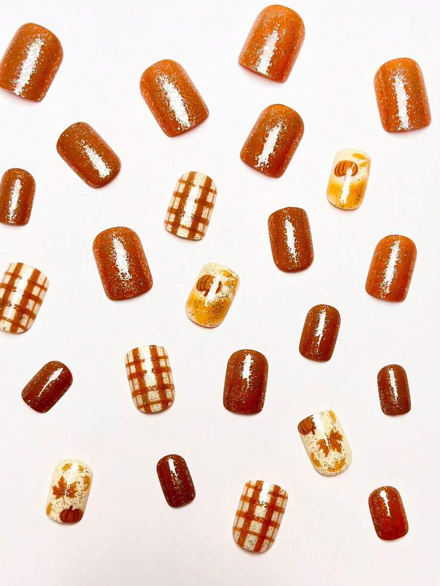 24-Piece Orange Pumpkin Plaid Short Square Press-On Nails