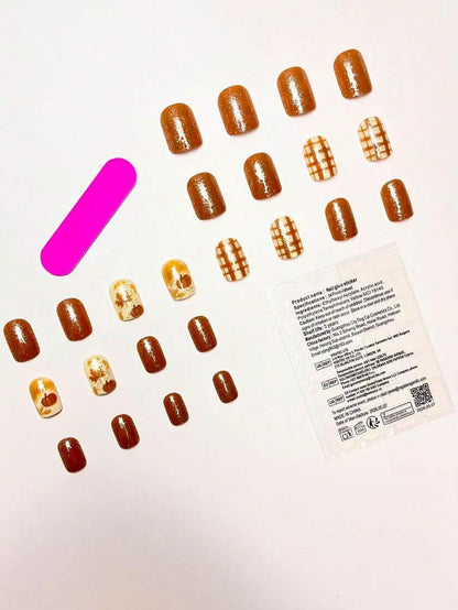 24-Piece Orange Pumpkin Plaid Short Square Press-On Nails