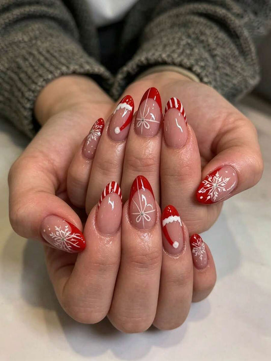 24-Piece Red Christmas Almond Press-On Nails