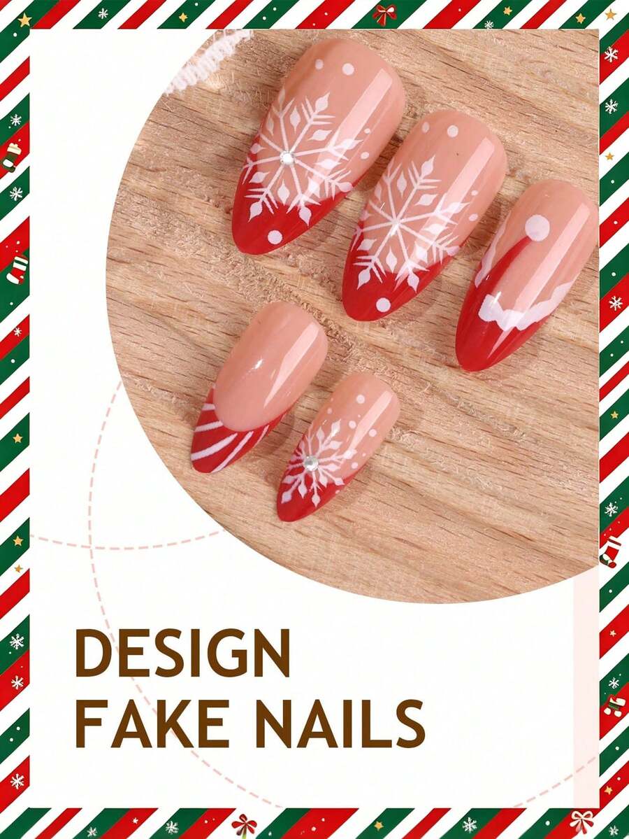 24-Piece Red Christmas Almond Press-On Nails