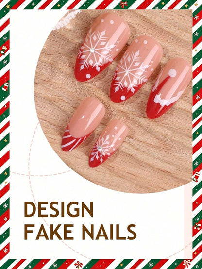 24-Piece Red Christmas Almond Press-On Nails